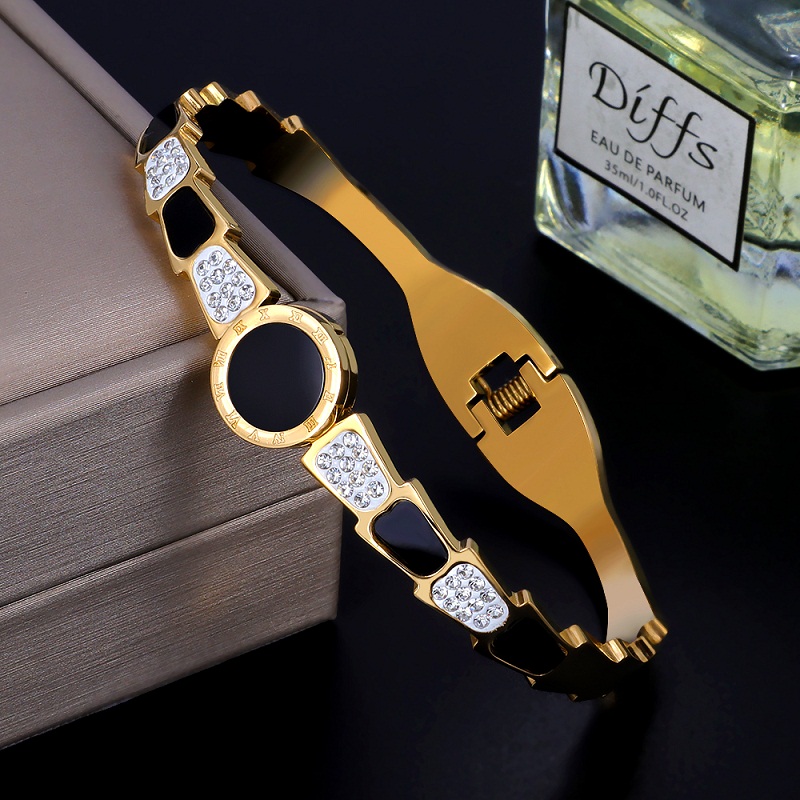 

Luxury Crystal CZ Zircon Charm Beads Roman Numerals Wristband Bangles For Fashion Zirconia Big Black Stone Women Bangles Jewelry