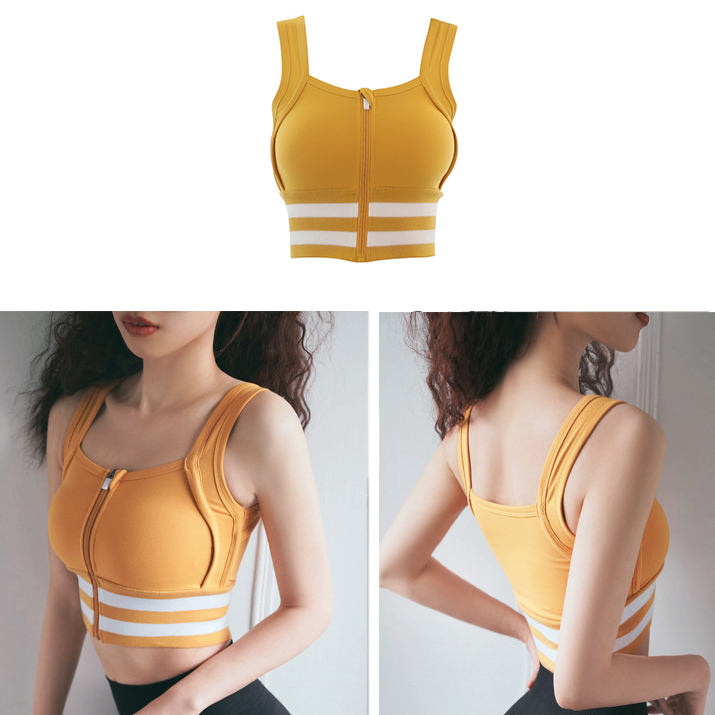 

Sports Bra Zipper Yoga Gym Shockproof Stripes Fitness Quick Dry Vest, Yellow