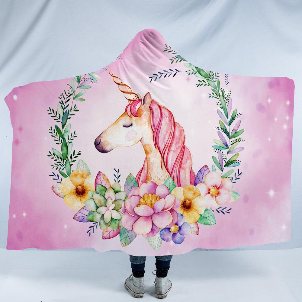 

Unicorn Cloak Blankets 3D Printed Cartoon Winter Warm Sherpa Fleece Hooded Blanket Kids Plush Carpet Mat Rug Christmas 130*150cm