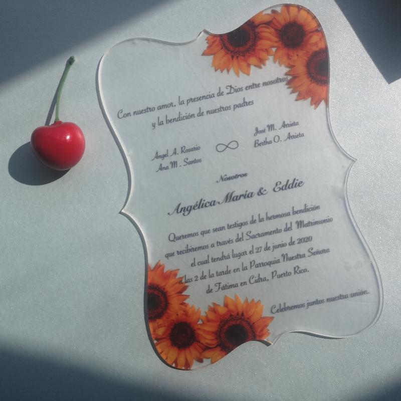 

custom printing heart shape acrylic card wedding save the date cards,sunflower invitation cards