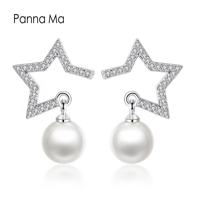 

Panna Ma Crystal Zircon Star Imitation Pearl Pendant Stud Earrings Sweet Fashion Party Silver Jewelry Gift For Women brincos