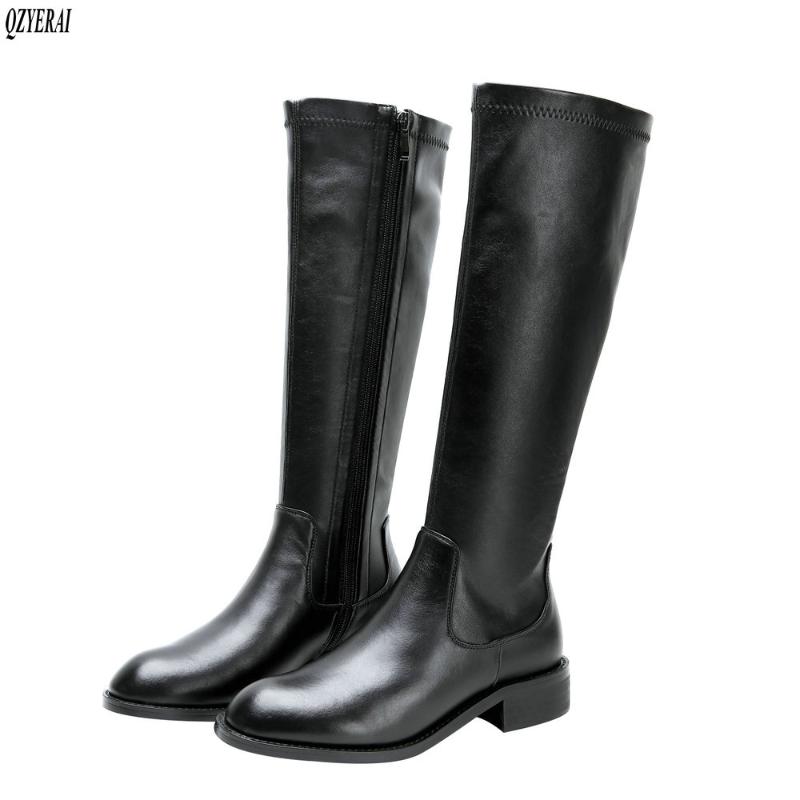 

2021 Winter New style Genuine leather Knee high boots Women boots Motorcycle stretch warm Real cowhide Women shoes, Black