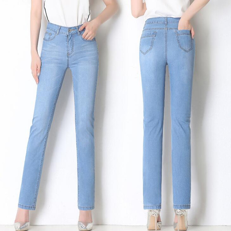 

Mom Jeans High Waist Vintage Stretch Denim Pants For Women Fashion Slim Fit Skinny Straight Leg Jeans Trousers Femme Plus Size, Sky blue