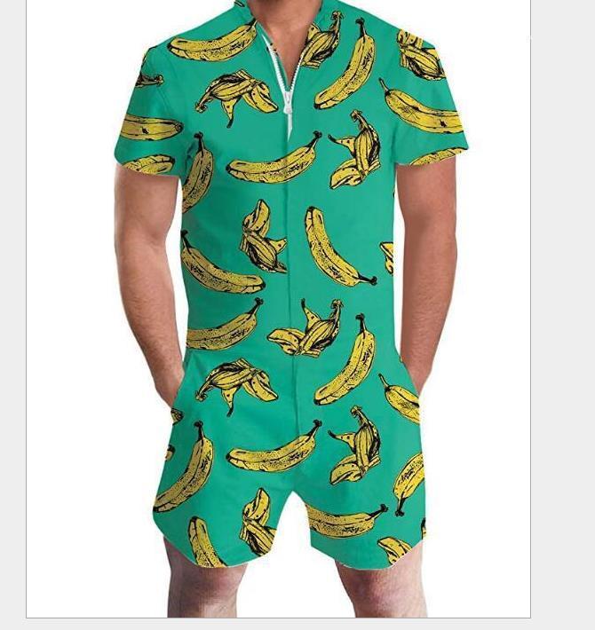

Hawaii Holiday Beach Suits Males Causal Loose Sets Mens 3D Fruit Print Jumpsuits Summer Designer Zipper Fly Stand Collar, Yellow