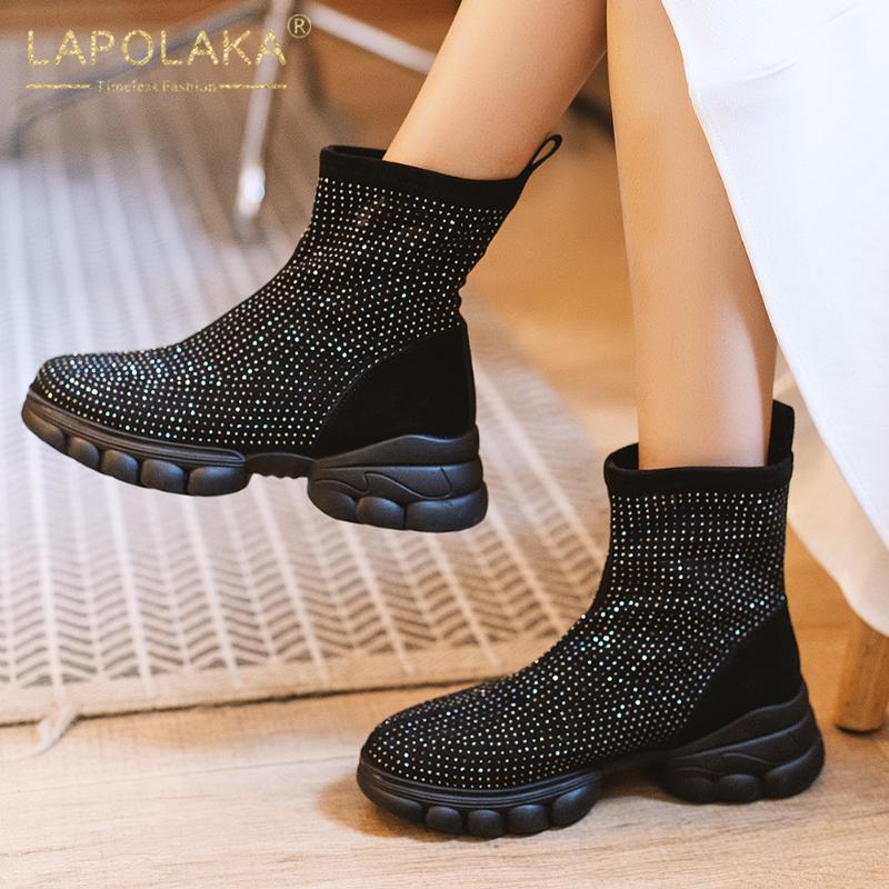 

Lapolaka 2020 New Arrivals Genuine Leather Crystal Shoes Ladies Boots Female Platform Slip On INS Hot Fashion Shoes Woman Boots, Black