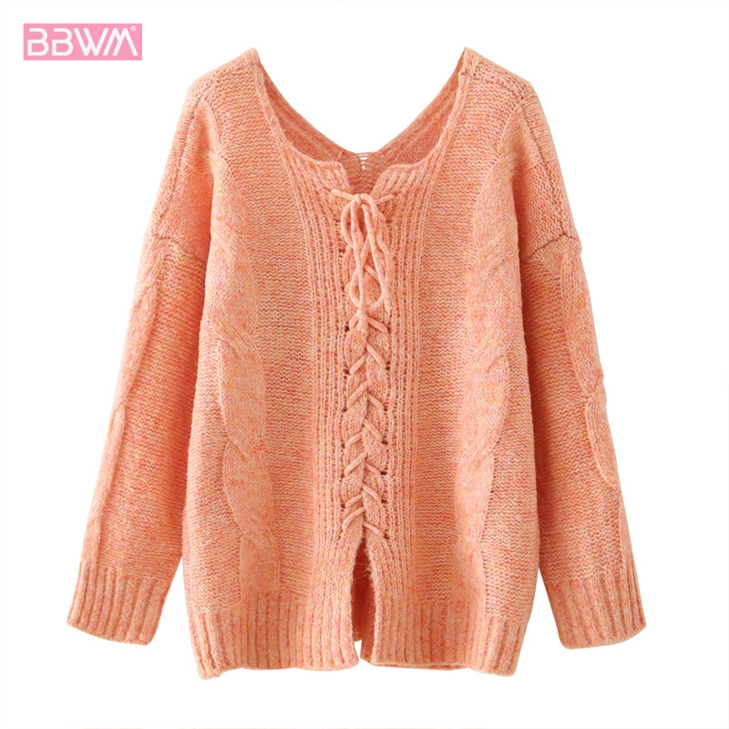 

Loose Round Neck Straps Exposed Clavicle Sexy Open Back Female Sweater Sweet Long-sleeved Korean Knit Chic Women's Sweater, Coral red