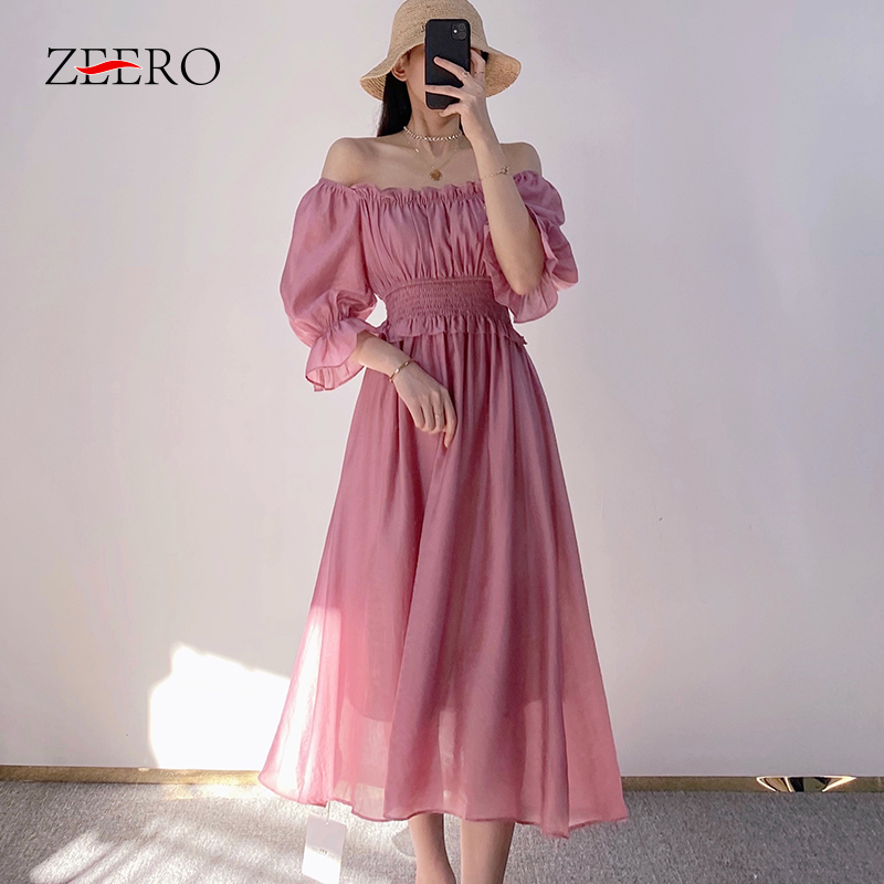 

Summer Women Puff Sleeve Sexy Off Shoulder Chffion Maxi Beach Dresses Elegant Female White Vintage Long Party Dress Vestidos, Pink