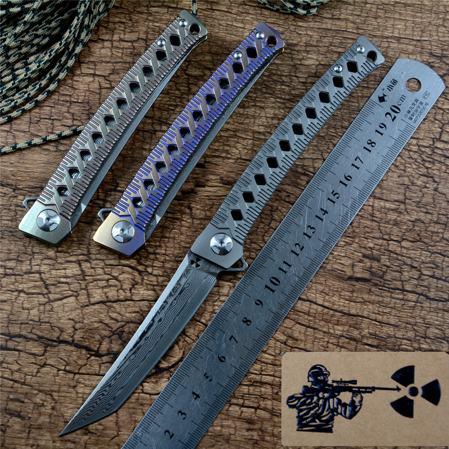 

Jungle edge VG10 Damascus blade folding Knives TC4 titanium alloy handle outdoor camping hunting JR7406 flipper gift collected pocket knife