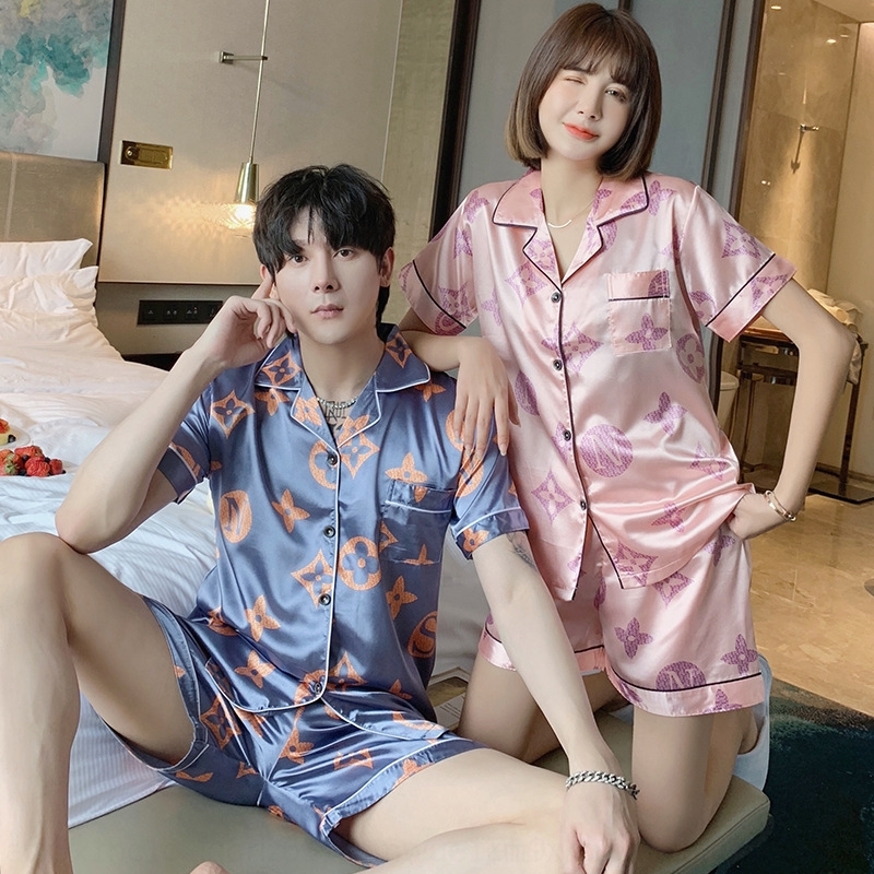 

5WI9i kULv9 Couple pajamas jin clothes clothes women's 200 clothing summer ice silk short sleeve thin large size fat mm furnishing home real, Black;brown