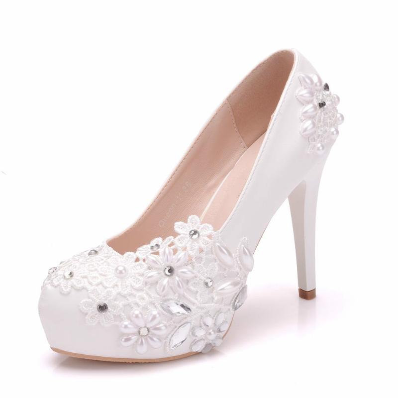 

Women White Lace Flower Pearl Wedding Shoes Handmade Crystal High Heel Dress Shoes Platform Bridal Plus Size 41 42 Pumps