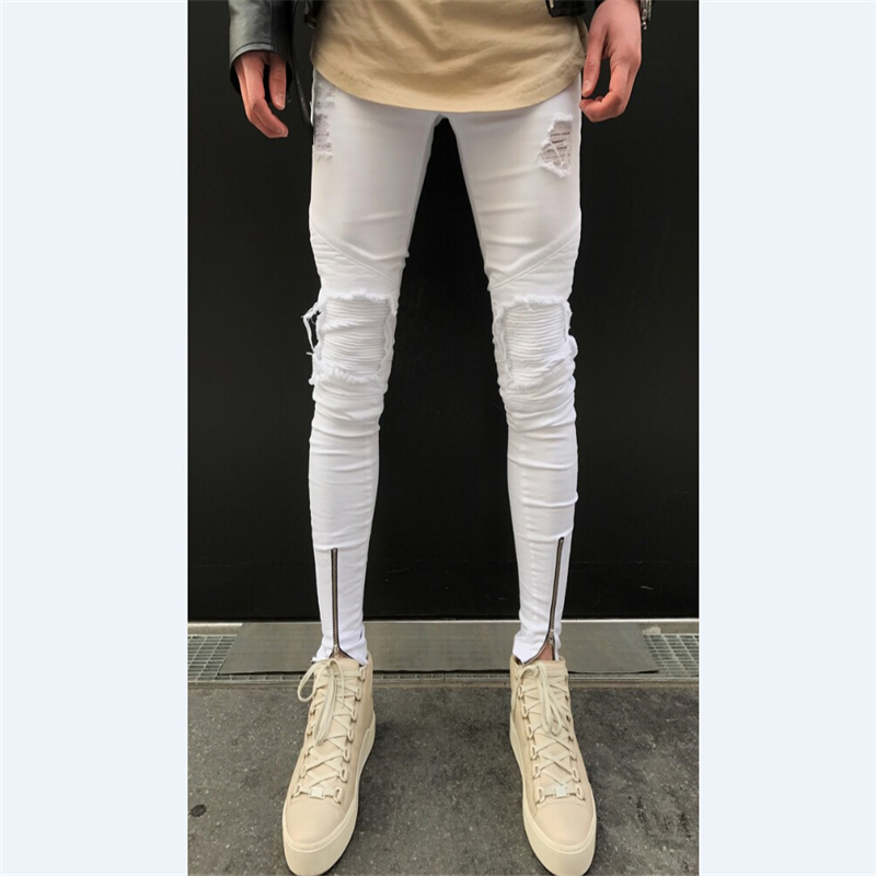 

2020 Hot Sale Men Stylish Ripped Jeans Pants Biker Classic Skinny Slim Straight Denim Zipper Trousers, As the picture shows