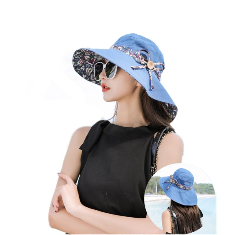 

Women Summer Print Double Sided Visor Hat Bucket Hats Female Beach Sun hats Basin Cap Wide Brim Sunbonnet Fedoras, Blue