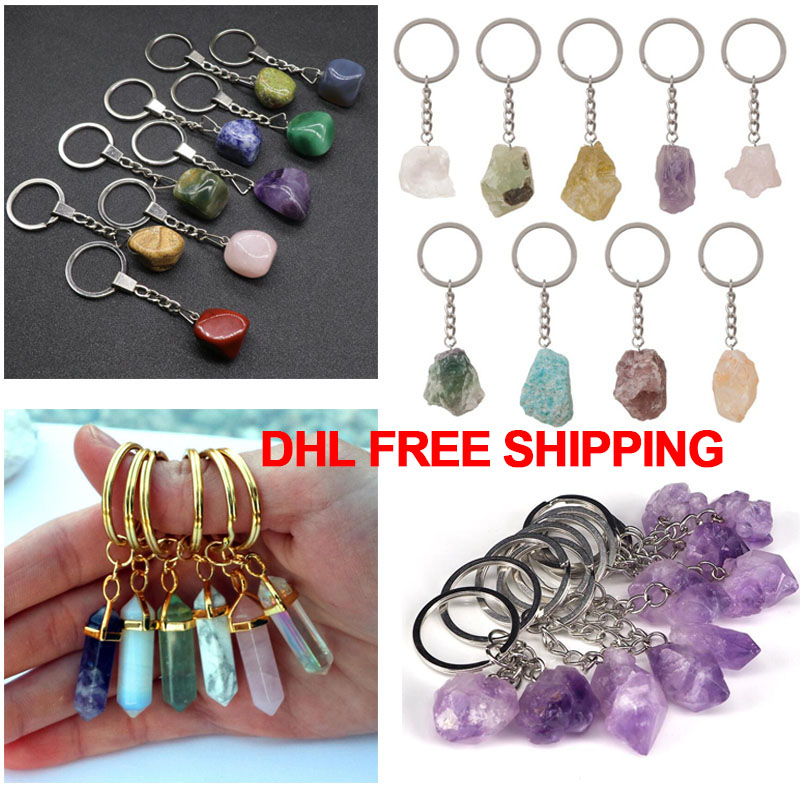 

Hot selling natural stone crystal key chain hexagonal post warhead crystal amethyst agate irregular ring mobile phone bag pendant key chain