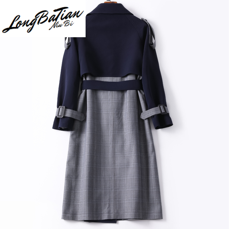

2020 Autumn Windbreaker New England style Double Breasted Plaid Stitching Long Trench Coat Women Slim Business Outerwear