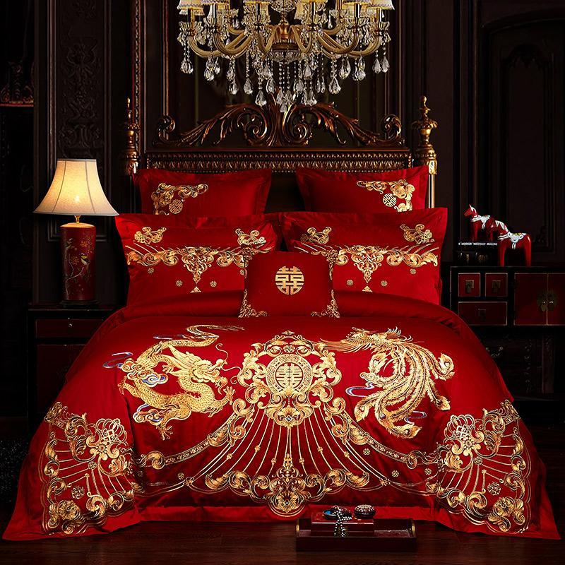 

J1 Luxury Red 100% Cotton Gold Phoenix Loong Embroidery Chinese Wedding Bedding Set Duvet Cover Bed sheet Bedspread Pillowcases