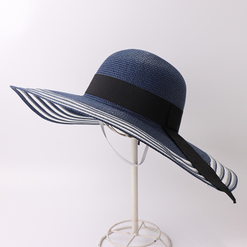 

Fashion Summer Wide Brim Caps For Women Striped Mesh Patchwork Sun Hat With Bow Beach Large Hats UV Protection, Khaki
