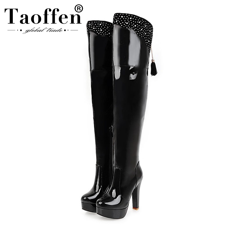 

Taoffen Plus Size 32-48 Thigh High Boots Women Fashion Shine Rhinestone Winter Shoes Women Casual Platform High Heel Boots, Black