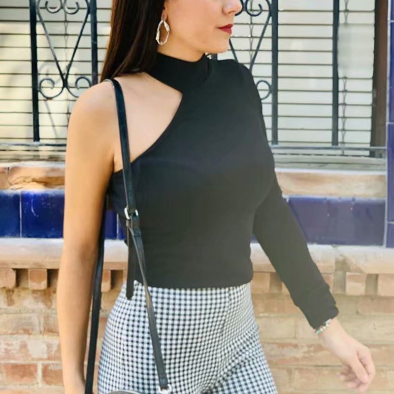 

Women turtleneck one shoulder knitted sweater fashion ladies elegant knitwear sweaters slim sweet pullovers female feminine tops, Black