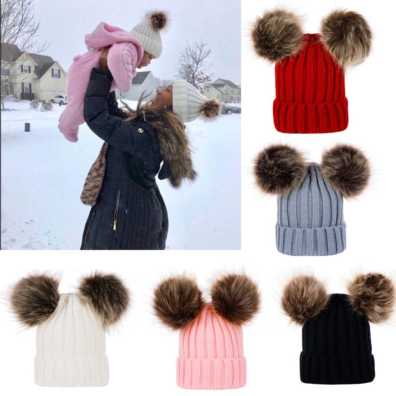 

Fashion Winter Hat Cute Infant Baby Pom Pom Cap Winter Double Fur Ball Hat Baby Warm Knitted Newborn Beanies gorro, Style 5