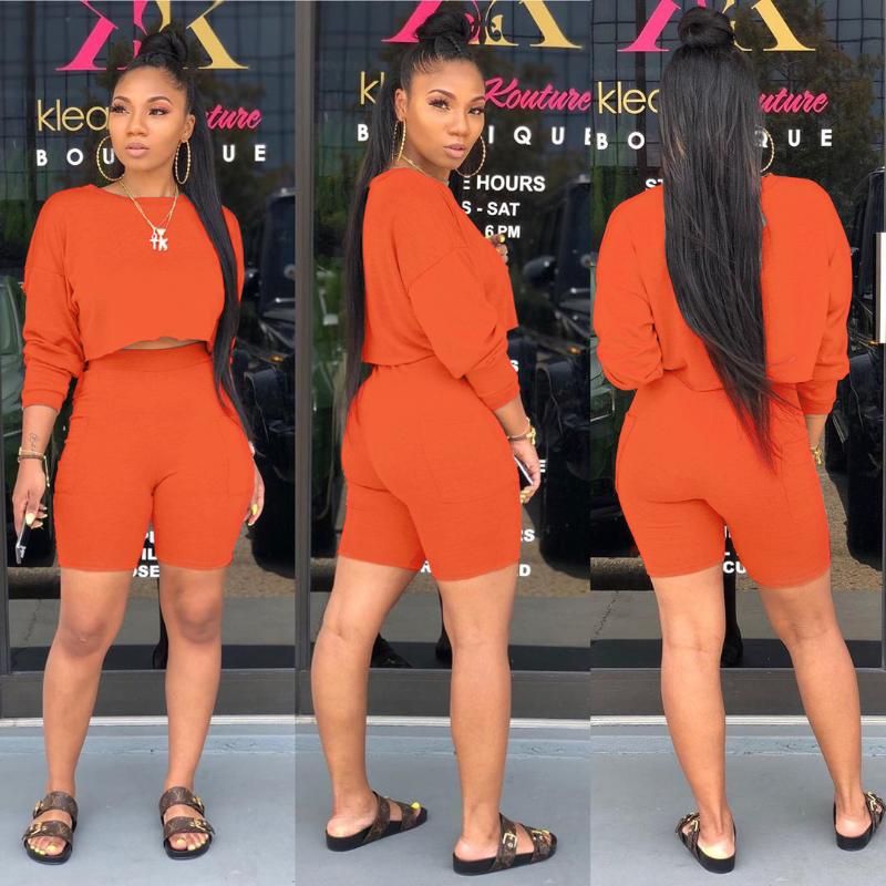 

2Pcs Active Set Women Solid Color Loose Casual Outfits Long Sleeve O-Neck T-shirt Side Pocket Biker Shorts Sports Clothing Suit, Orange