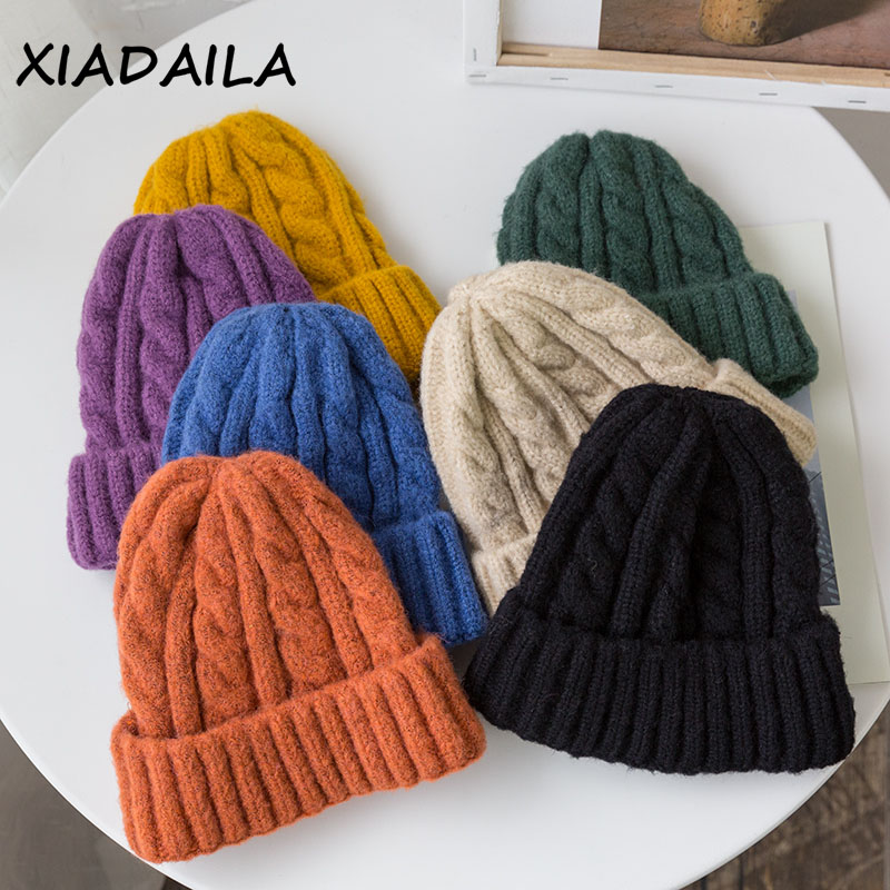 

New Candy Colors Knitted Hats For Women Kpop Style Twist Woolen Beanie Hat Autumn And Winter Female Cap Keep Warm Winter Hat, Yellow
