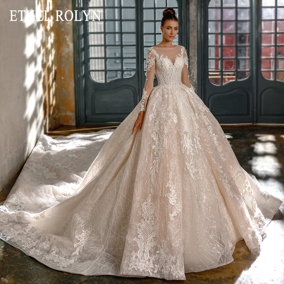 

ETHEL ROLYN A-Line Wedding Dress 2020 Elegant Long Sleeve Beading Lace Appliques Princess Cathedral Bridal Gown Vestido De Novia, Champagne