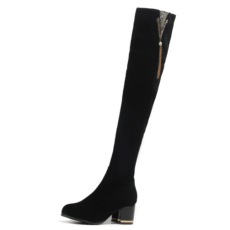 

Hot Sale Spring Autumn Lacing Knee High Boots Women Fashion White Square Heel Woman Leather Shoes Winter PU Large Size, Black