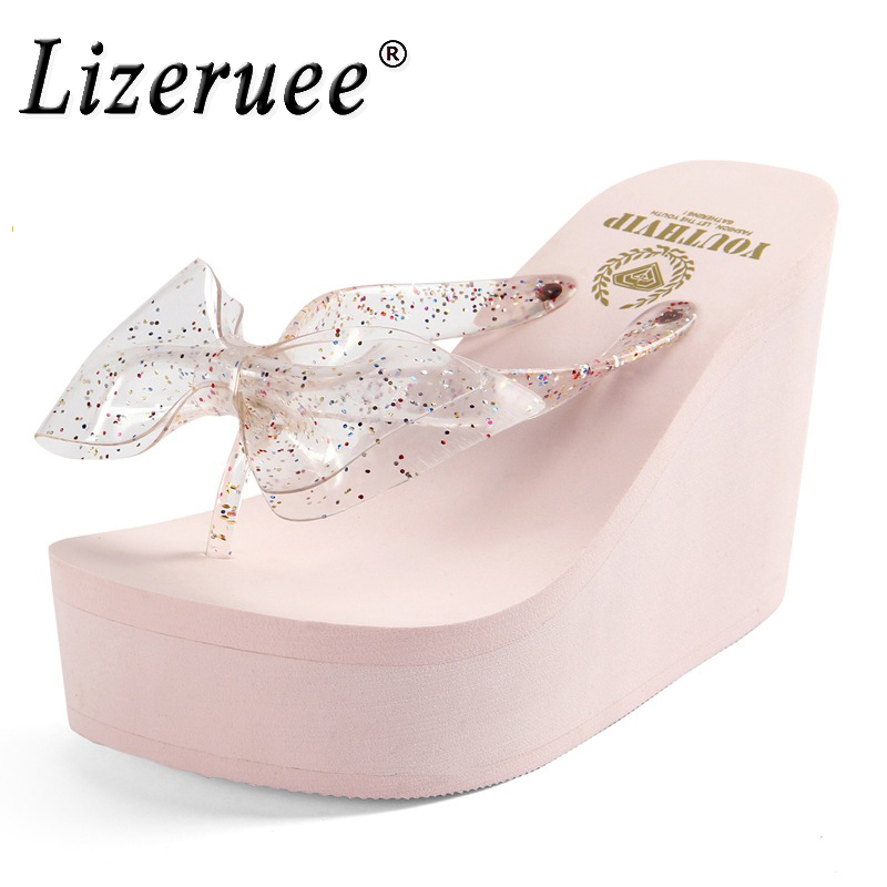 

Women Shoes Summer outdoor beach sandals Wedge Slipper Heels Eva Female Bow-knot High Heeled Solid Color Flip Flop Beach Shoes, White