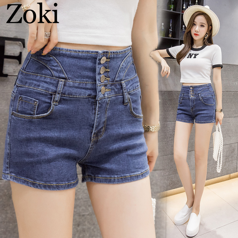 

Zoki High Waist Women Shorts Fashion Summer Korean Singe Button Distressed Jeans Elegant Pure Cotton Wide Leg Pants Streetwear, Light blue