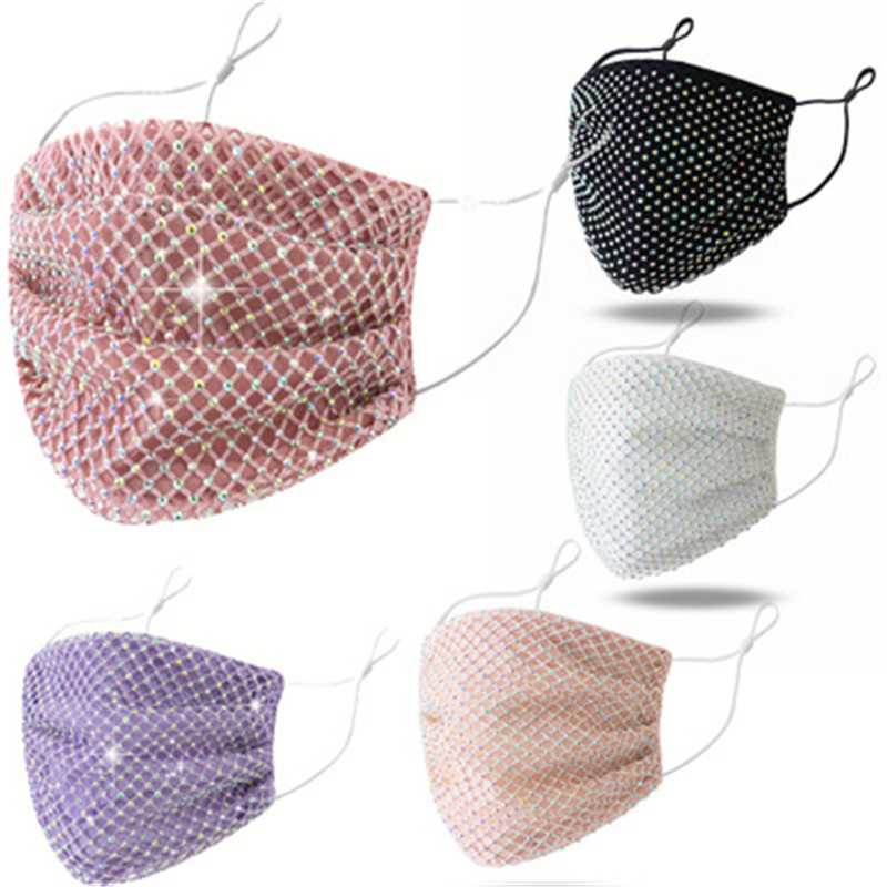 

Chic Designer Face Masks for Women Bling Rhinestone Diamond Solid Color Mouth Mask Breathable Cotton Dustproof Protective Masks