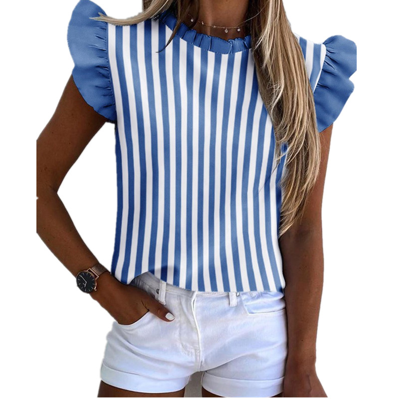 

Woman Striped Print Ruffled Shirt Summer sleeveless Pineapple Heart Simplicity Casual Blouse Women Street Pullover Tops -3xl, St20092-little lips