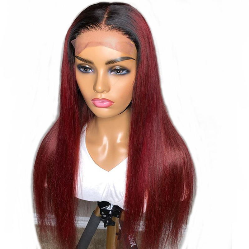 

Straight 1b Burgundy 13x6 Lace front Human Hair Wig Remy Brazilian Hair 150% 99J 5*5'' Silk Base Lace Wig, #ombre 99j