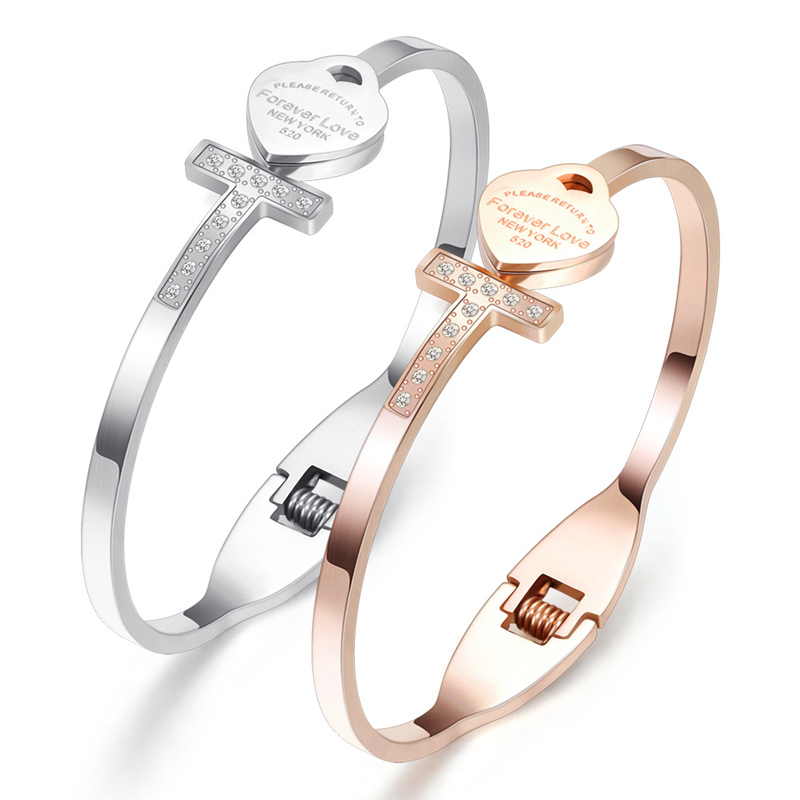 

rose gold plated heart shape stainless steel rhinestone bangle bracelet womens