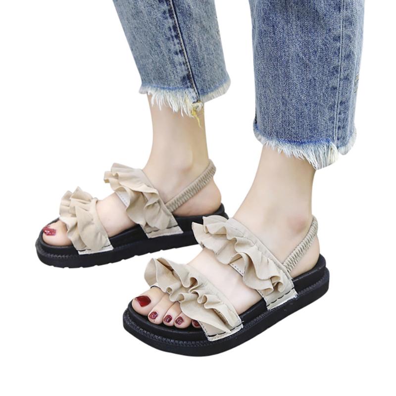 

Sagace Women Sandals 2020 Summer Casual Fashion Ladies Flat Non-slip Beach Sandals Lace Sweet Style Comfortable Females Shoes, Beige