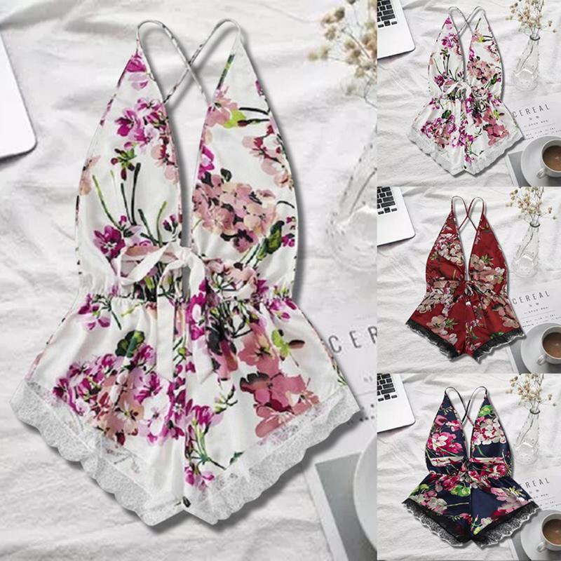 

Women Sexy Lace Lingerie Jumpsuit Floral Sportswear 1-piece Tracksuit Deep V-neck Bow Lace-up Printed Loose Jumpsuit, White