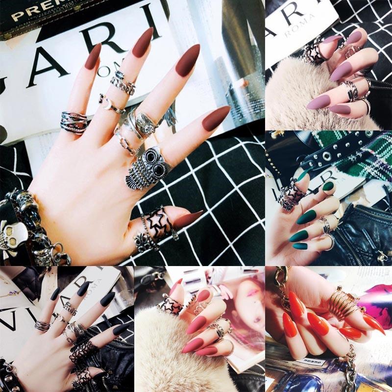 

24Pcs Solid Color Frosted Pointed False Nails Tips French Extra Long Natural Full/Half Cover Fake Fingers DIY Nails Art Decor