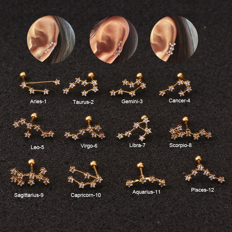 

1 PCS Stainless Steel Bar Mini 12 Constellation Ear Stud Cuff Earrings Gold Color Zircon Star Earrings Ear Bone Cuff Jewelry