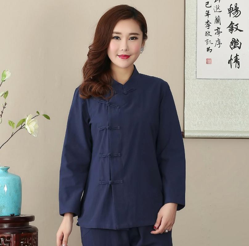 

New Autumn Solid Navy Blue Cotton Linen Women Shirt Chinese Style Long Sleeve Tops Blouse Size  L XL XL XXL XXXL 2703, Style 2