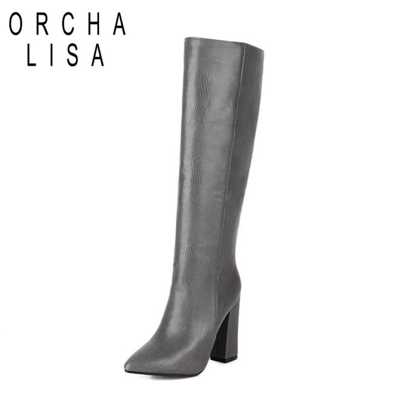 

ORCHALISA Winter Knee-high boots Wide leg 11cm Pointed toe 11cm Chunky heels PU Slip-on Solid Big size 34-43 Black Work C2052