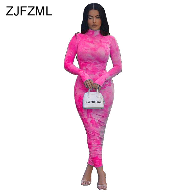 

Casual Dresses Printed Sexy Wrap Long Dress Women Sleeve Ruched Bodycon Elegant Turtlenecks High Waist Neon Party, Blue