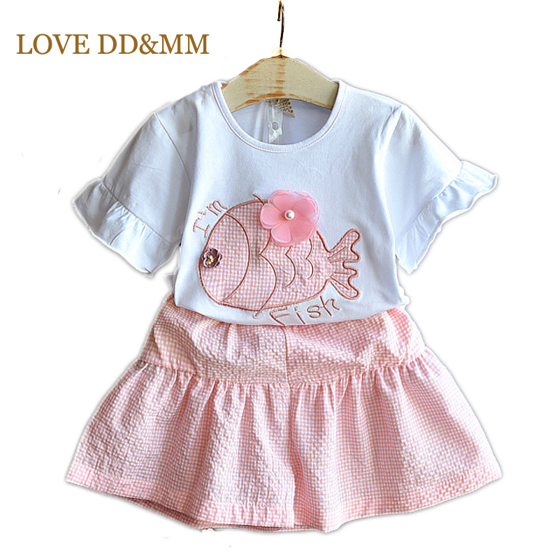 

LOVE DD&MM Girls Sets 2020 New Children's Clothing Cartoon Letters Fish Short-Sleeved T-Shirts + Plaid shorts Suits For Girl, Pink