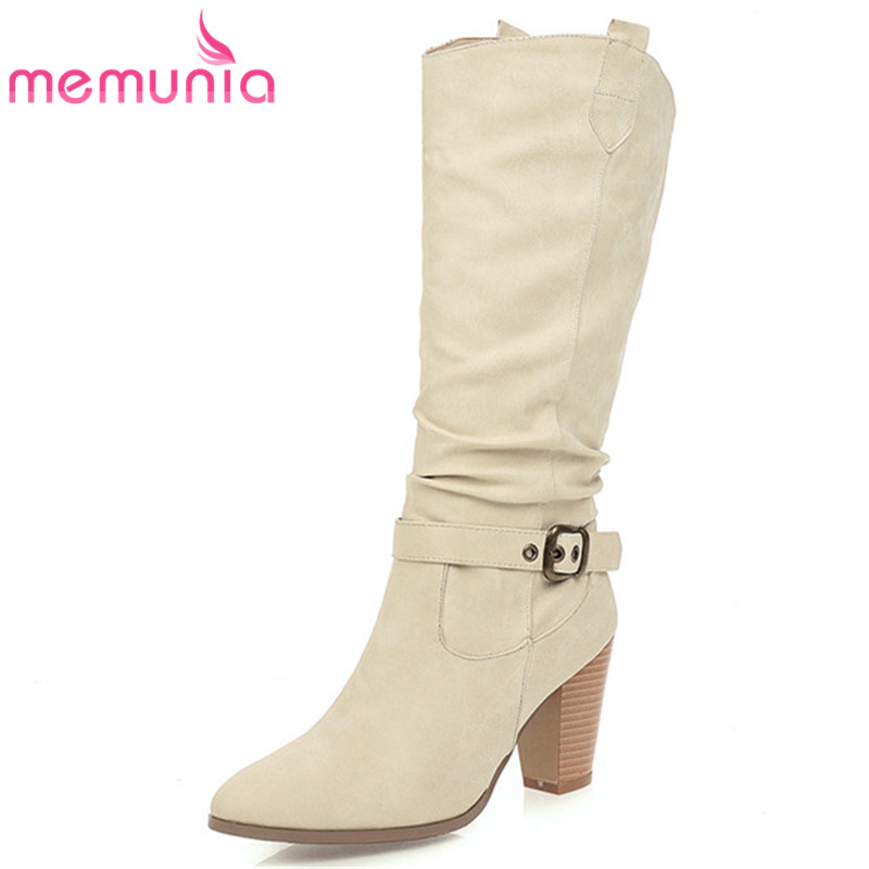 

MEMUNIA 2020 new arrival knee high boots women buckle high heels autumn winter boots European style fashion casual shoes woman, Beige