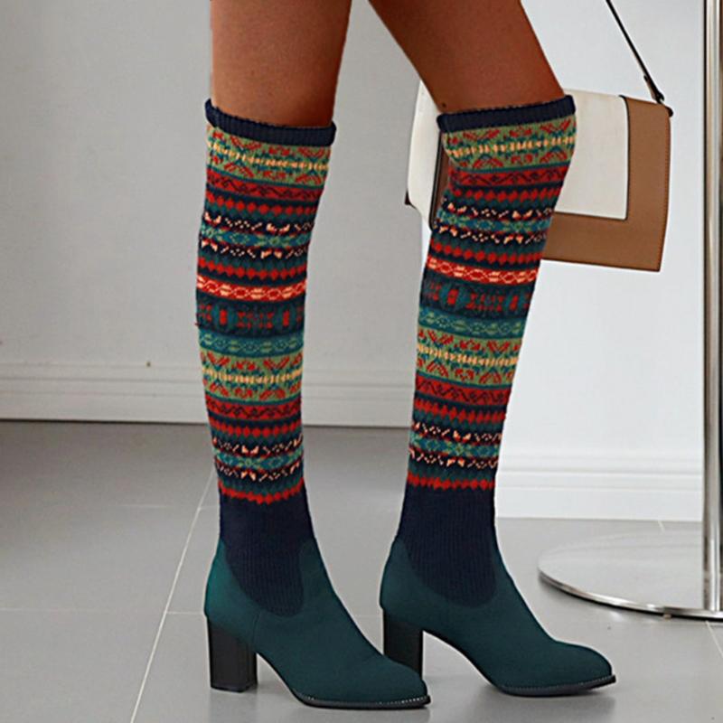 

Bohemia Women's Ethnic Style Boots Winter Long Tube Knitted Socks Boot Sexy Female High Heel Warm Shoes Thigh High Pointed Botas