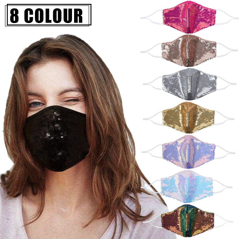 

Sequins Fashion Bling 3D Washable Reusable Mask PM2.5 Face Care Shield Sun Color Gold Elbow Shiny Face Cover Masks Mouth