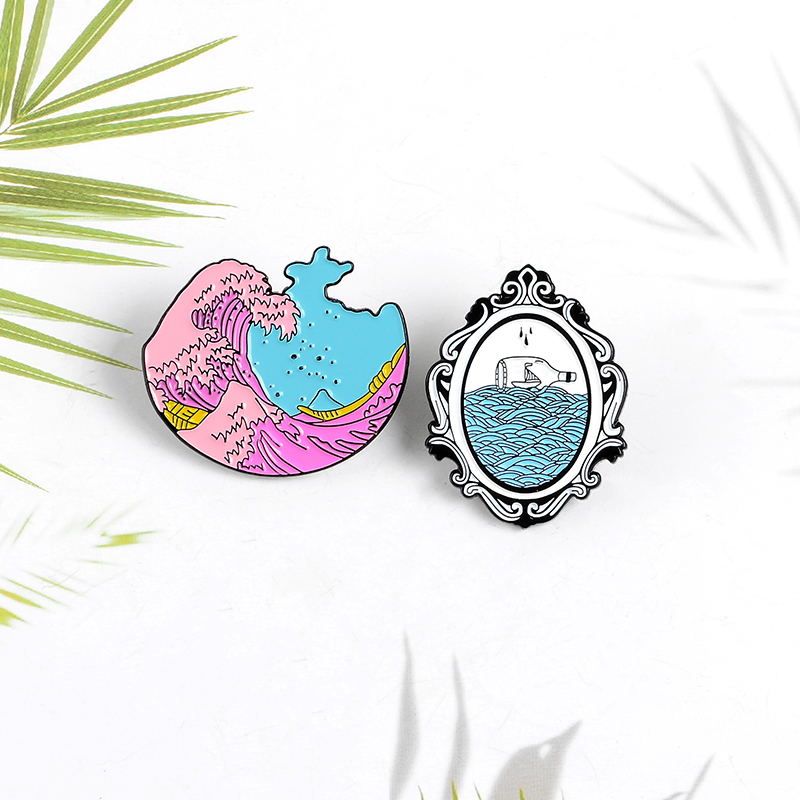 

Pink Ocean Waves Enamel Pin Blue Drifting Bottle Pins Brooches Badges Lapel Pin Sea Jewelry Gift for women men