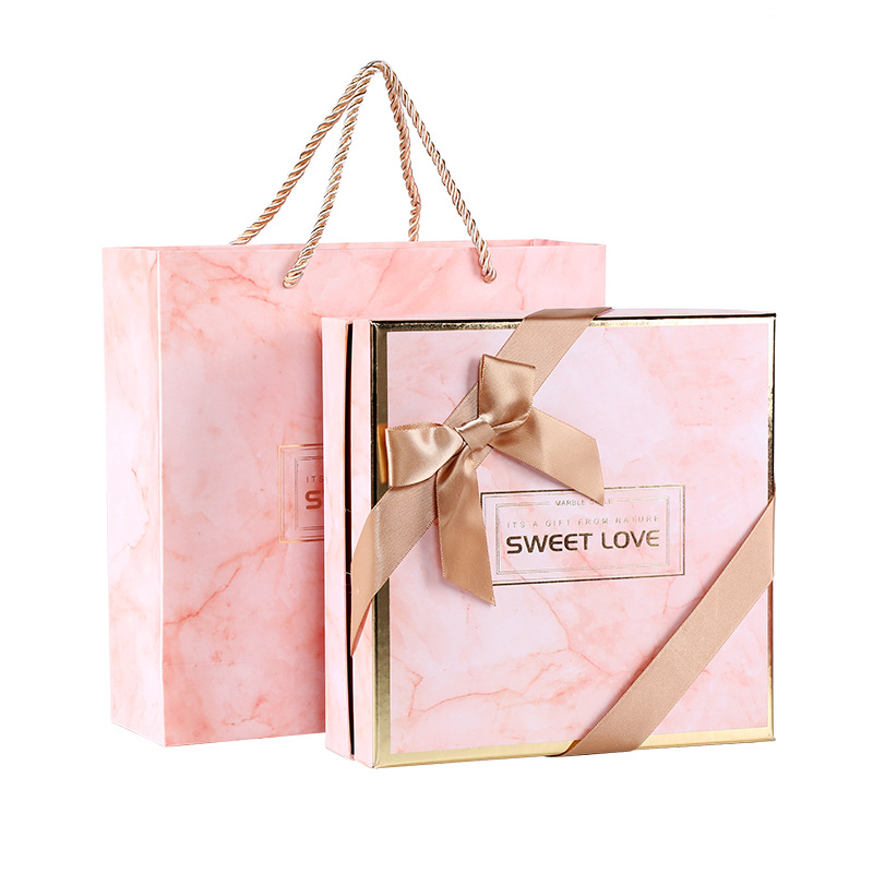 

2set Pink Marble Square Gift Bag Box Party Baby Shower Chocolate Clothes Boxes Package Paperboard Wedding Favours Candy Boxes