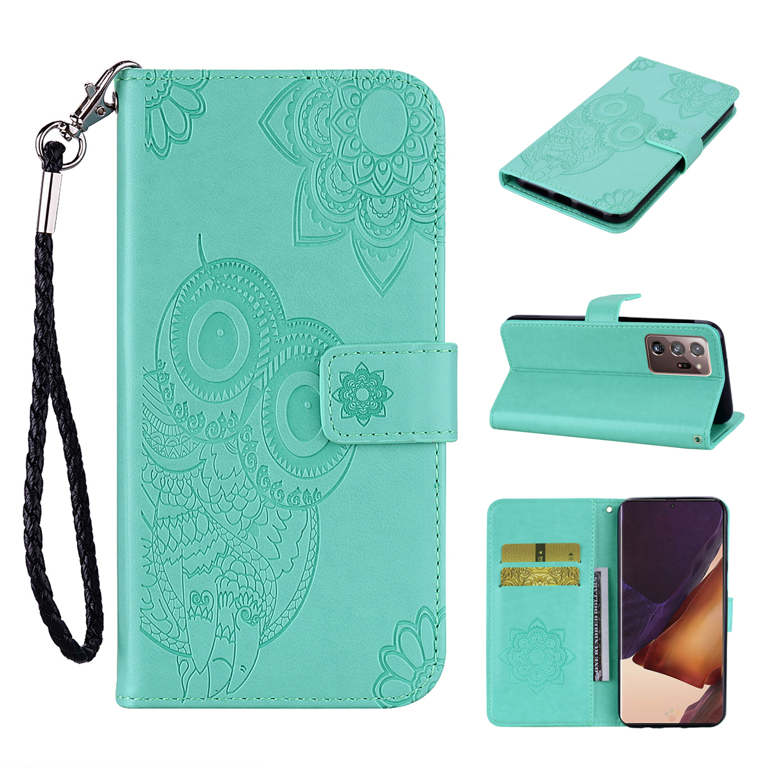 

Imprint Owl Leather Wallet Cases For Samsung Note 20 Pro A31 A41 A11 A70E A21S M31 A51 A71 5G Flower Lace Cute Flip Cover Night Bird Holder, Black