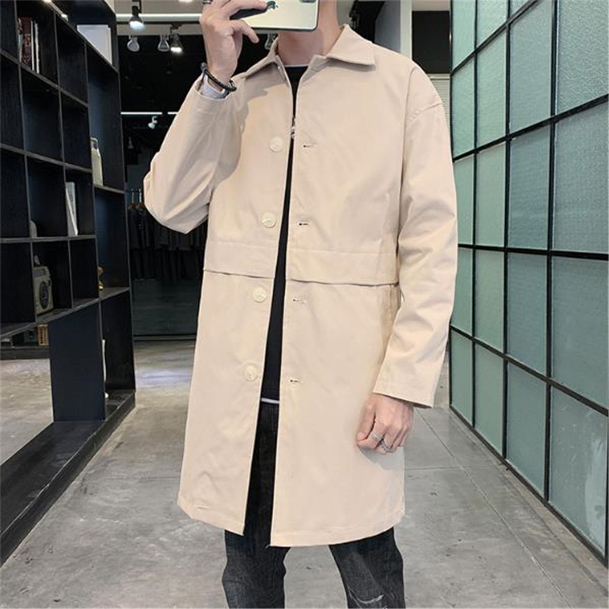 

Men Trench Coat Solid Color Lapel Neck Long Sleeve Loose Coats Fashion Single Breasted Man Outerwear, Khaki