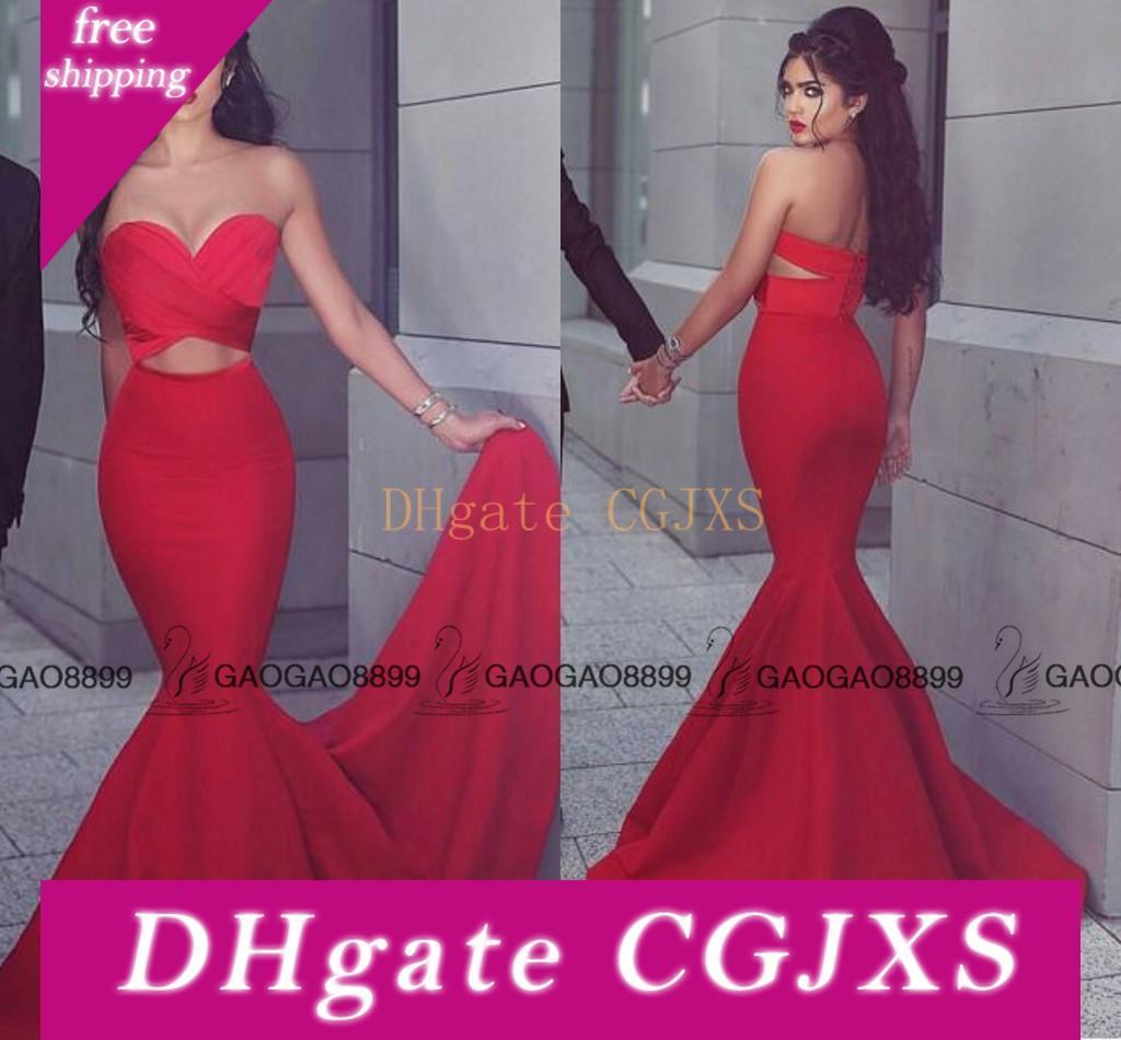 red lace fishtail prom dress