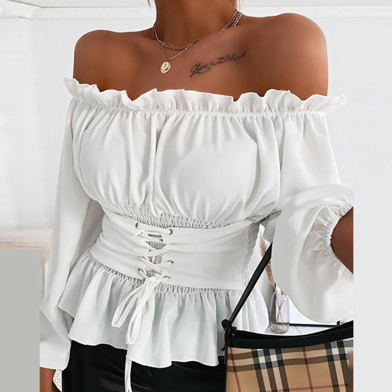 

Women Off Shoulder Bandage Tops 2020 New Spring Ladies Lantern Sleeve Slash Neck Lace-up Waist Corset Wild Ruffles Tee Tops, Black